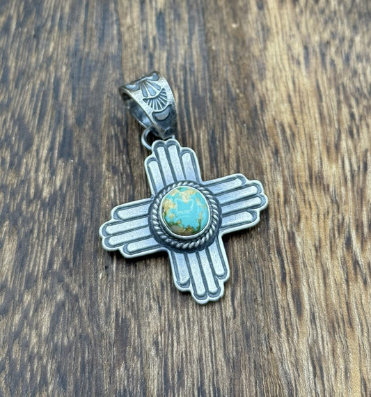 Navajo Handmade Sterling Silver Old Look Sonoran Gold Turquoise Zia Pendant