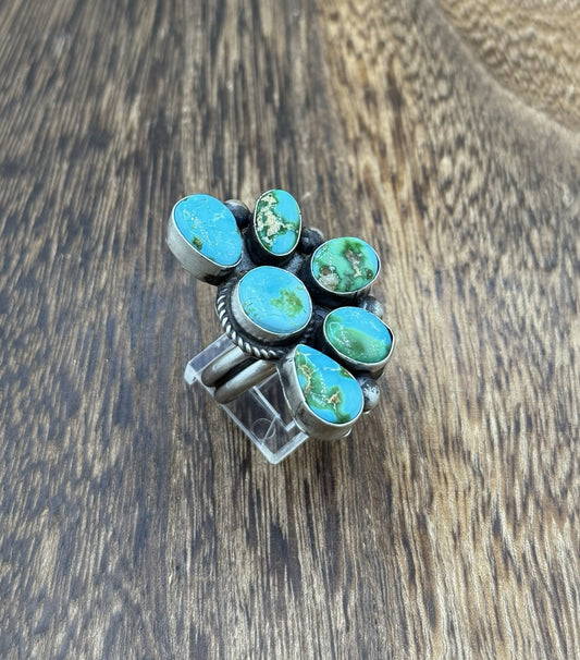 Navajo Handmade Sterling Silver Sonoran Gold Turquoise Half Cluster Ring Size 8