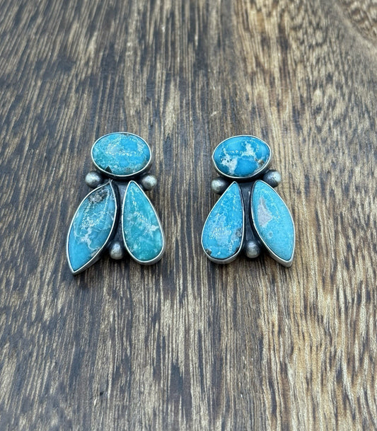 Navajo Handmade Sterling Silver White Water Turquoise Post Cluster Earrings