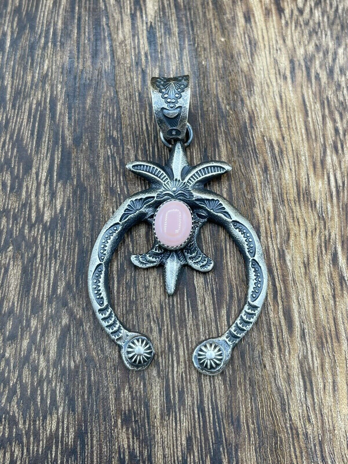 Native American Indian Navajo Handmade Silver Old Look Pink Concho Naja Pendant