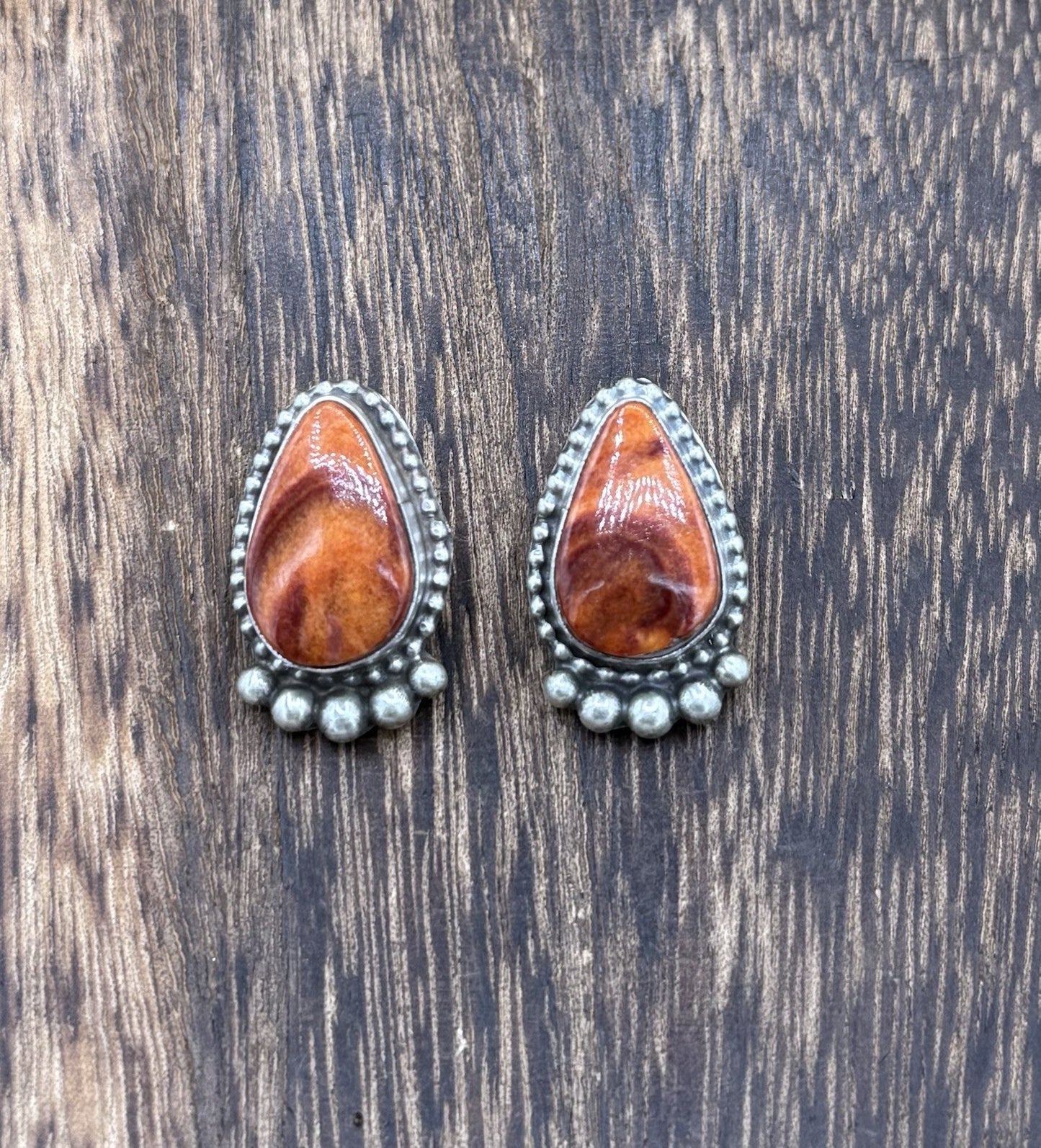 Native Navajo Handmade Sterling Silver Orange Spiny Oyster Post Stud Earrings
