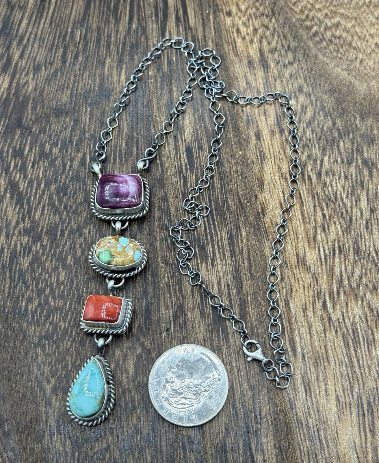 Navajo Handmade Sterling Silver Multi Color Mixed Stone Lariat Necklace 18”
