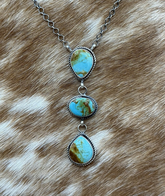 Native Navajo Handmade Sterling Silver Kingman Turquoise Lariat Necklace 18”