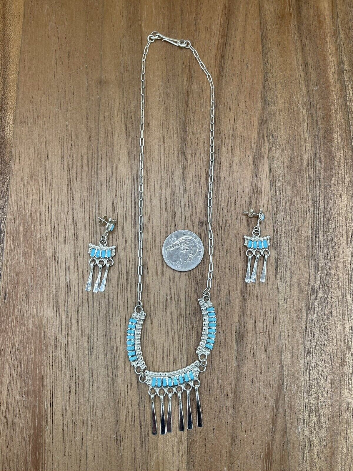 Native American Zuni handmade Sterling Silver Turquoise Inlay Dangle Necklace
