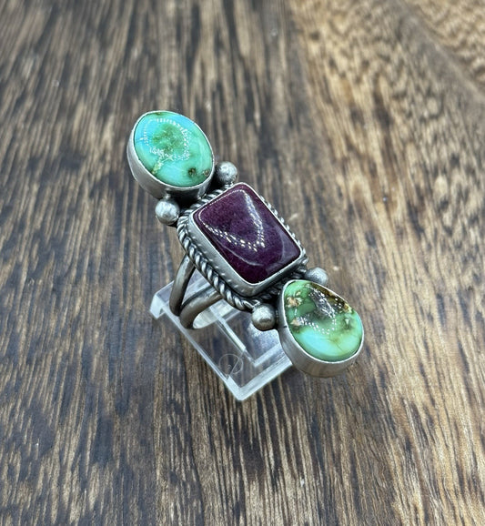 Native Navajo Handmade Sterling Silver Mixed Stone Turquoise Cluster Ring Size 9