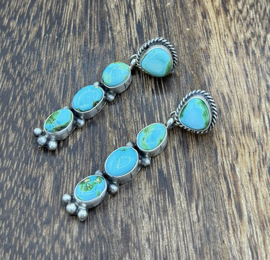 Navajo Handmade Sterling Silver Sonoran Gold Turquoise Post Cluster Earrings