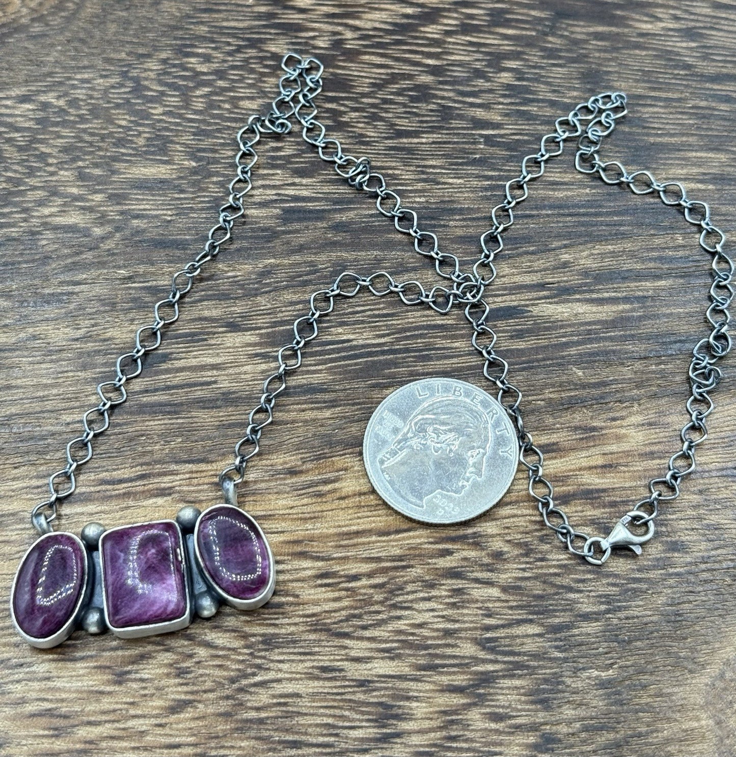 Navajo Handmade Sterling Silver Purple Spiny Oyster Cluster Bar Necklace 18”