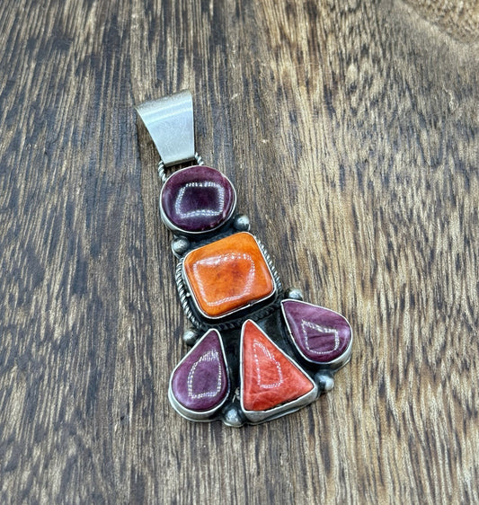 Native Navajo Handmade Sterling Silver Multi Spiny Oyster Shell Cluster Pendant