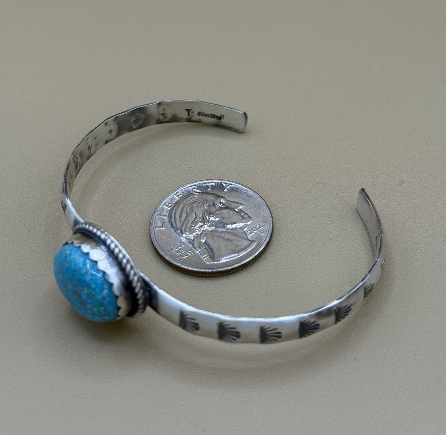 Native Navajo Handmade Sterling Silver Kingman Turquoise Stacker Cuff Bracelet