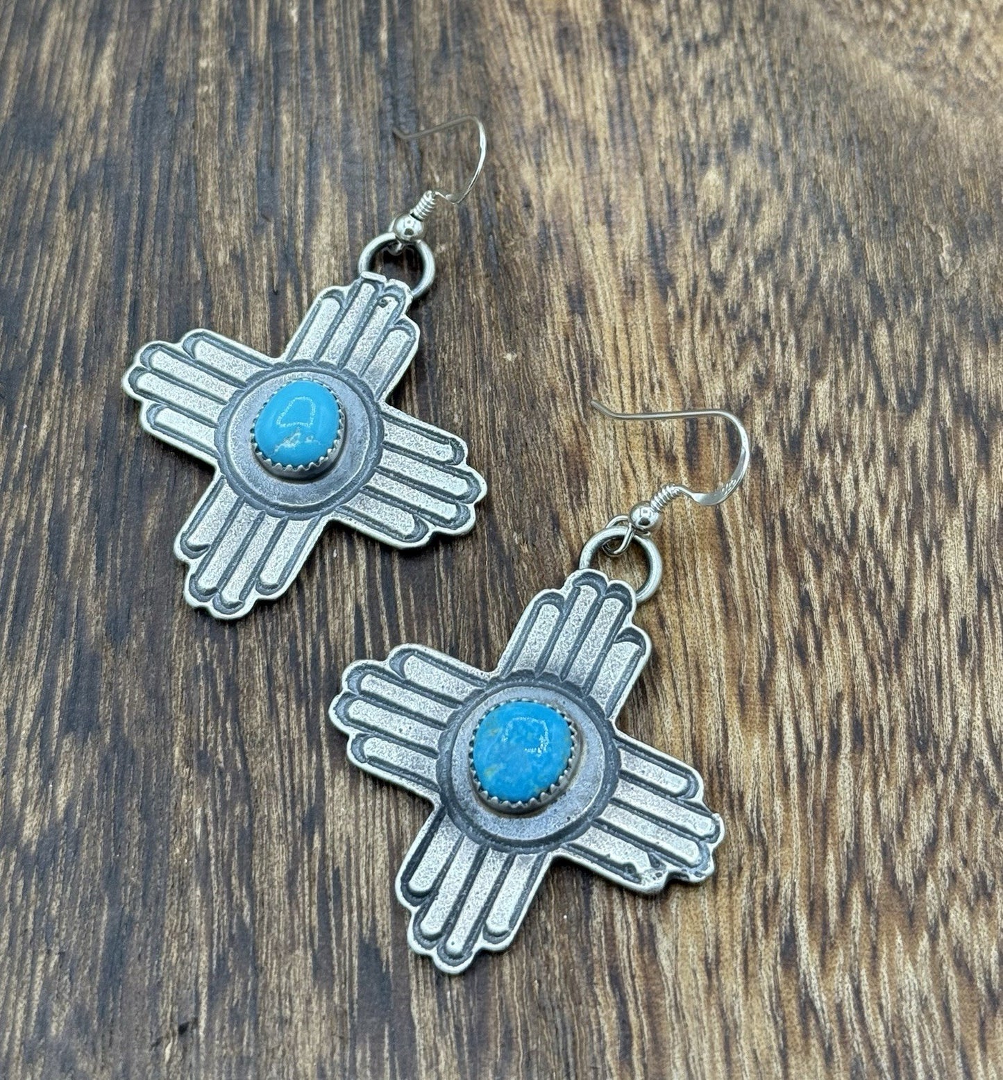 Navajo Handmade Sterling Silver Zia Kingman Turquoise Earrings Kevin Billah