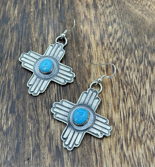 Navajo Handmade Sterling Silver Zia Kingman Turquoise Earrings Kevin Billah