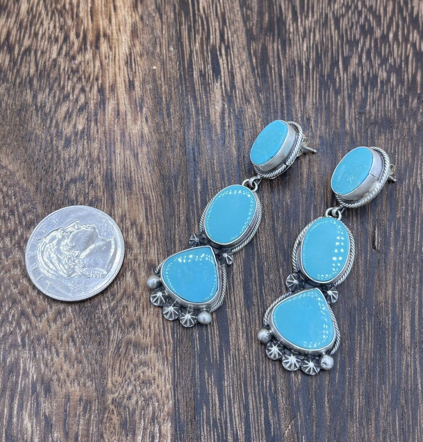 Native American Sterling Silver Navajo Handmade Turquoise Post Dangle Earrings