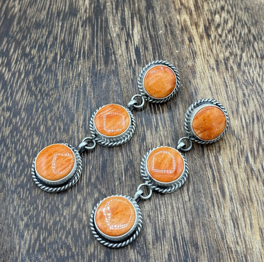 Native Navajo Handmade Sterling Silver Orange Spiny Oyster Post Dangle Earrings