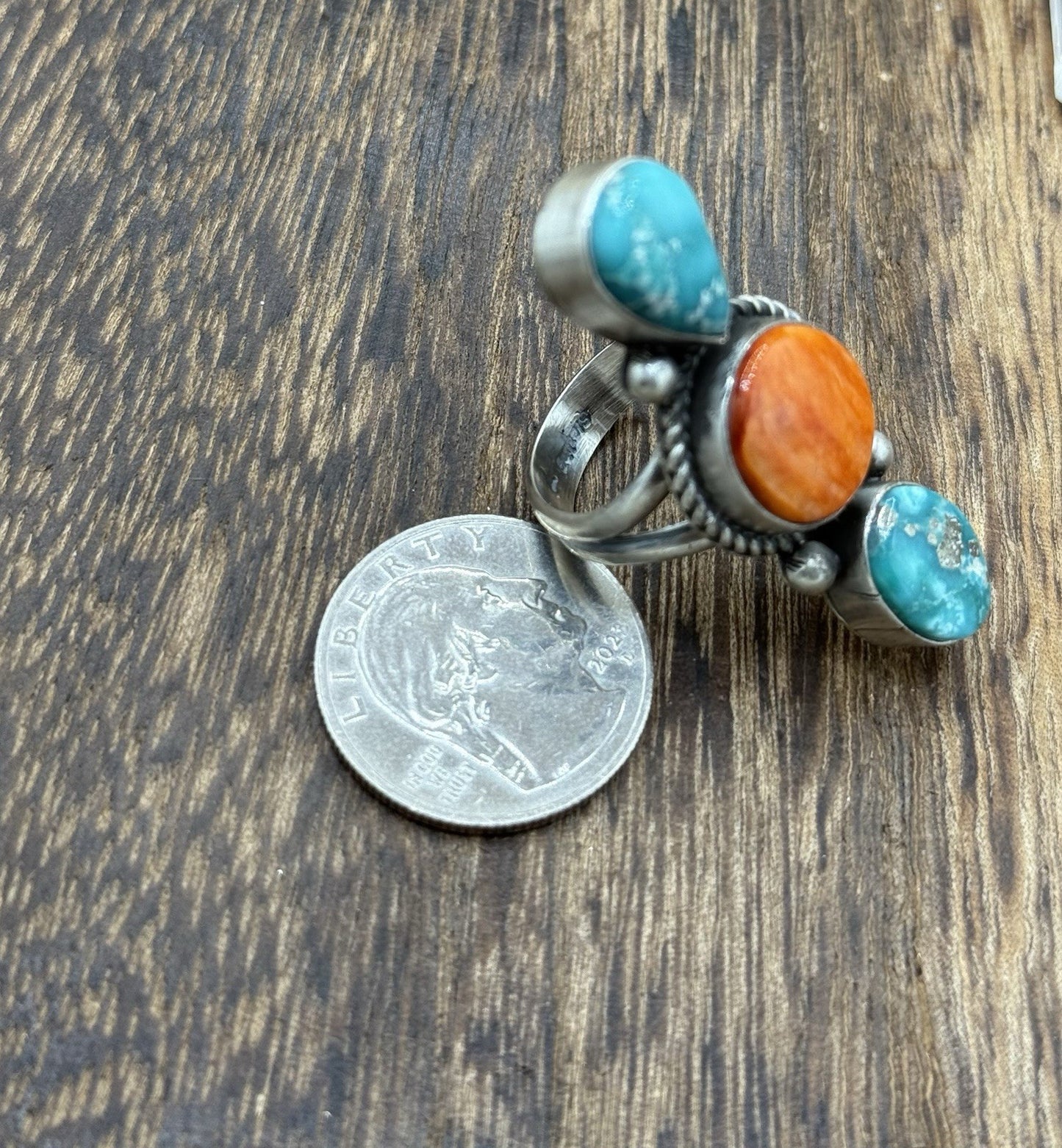 Native Navajo Handmade Sterling Silver Mixed Stone Turquoise Cluster Ring Size 8