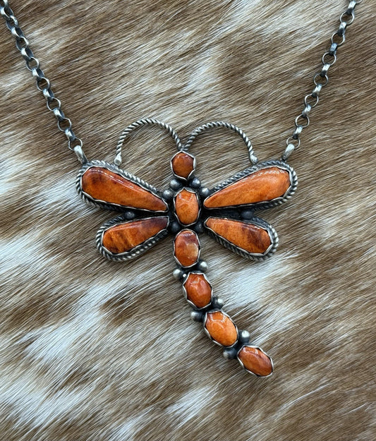 Navajo Handmade Sterling Silver Orange Spiny Oyster Dragonfly Bar Necklace 18”