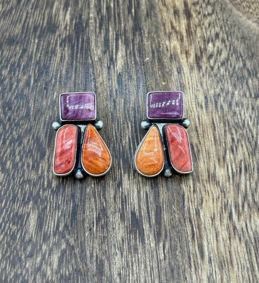 Navajo Handmade Sterling Silver Multi Color Spiny Oyster Shell Cluster Earrings