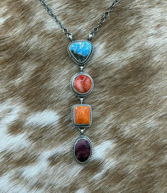 Navajo Handmade Sterling Silver Multi Color Mixed Stone Lariat Necklace 18”