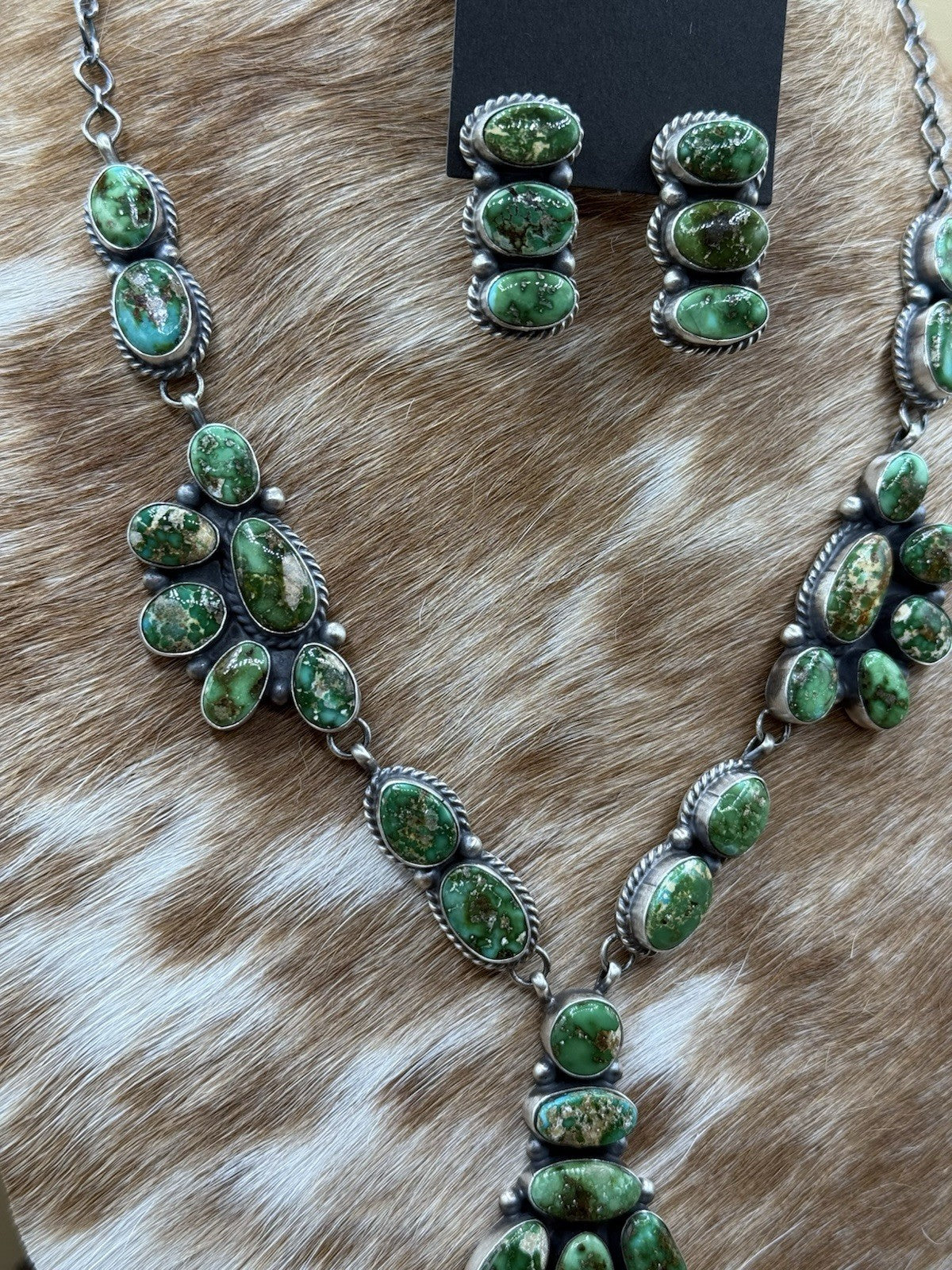 Navajo Handmade Sterling Silver Sonoran Gold Turquoise Cluster Necklace Set 20”