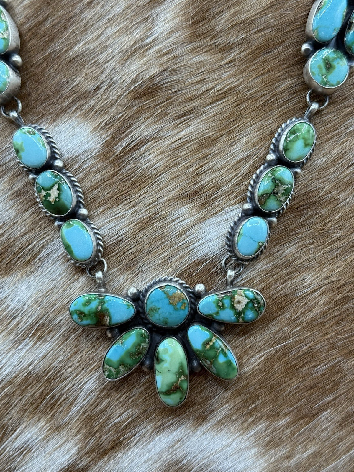 Navajo Handmade Sterling Silver Sonoran Gold Turquoise Cluster Necklace Set 20”