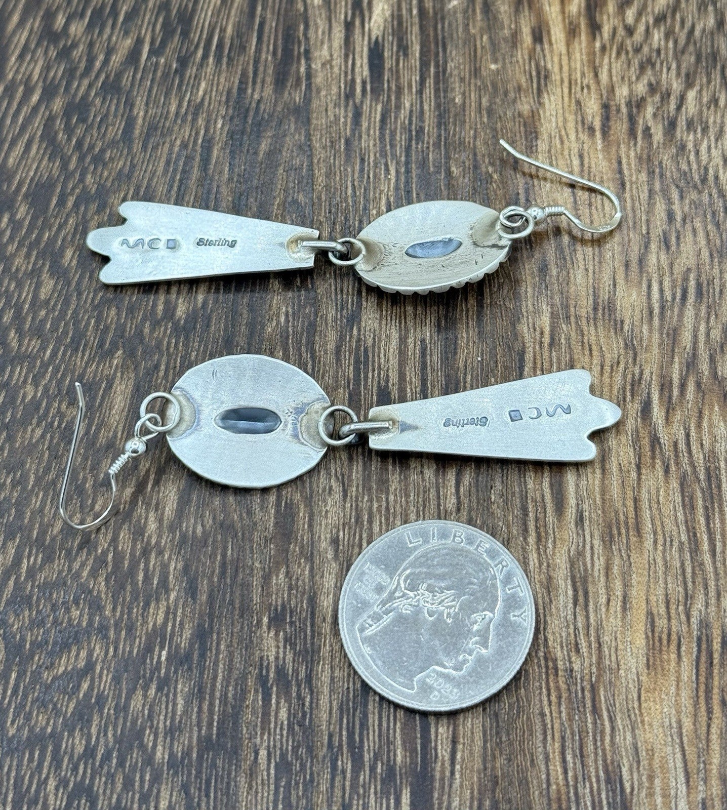 Navajo Handmade Sterling Silver Old Look Stamped Concho Design Dangle Earrings