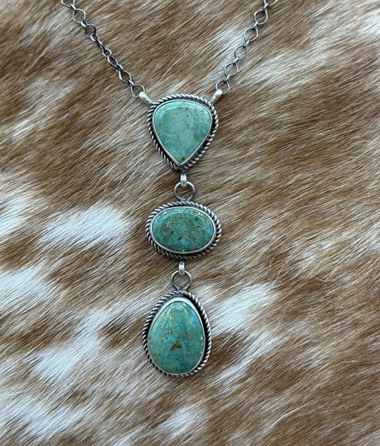 Native Navajo Handmade Sterling Silver Kingman Turquoise Lariat Necklace 18”