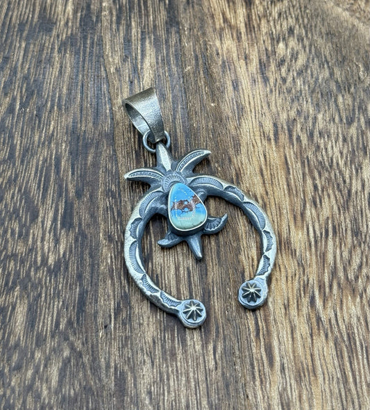 Navajo Handmade Sterling Silver Old Look Golden Hills Turquoise Naja Pendant