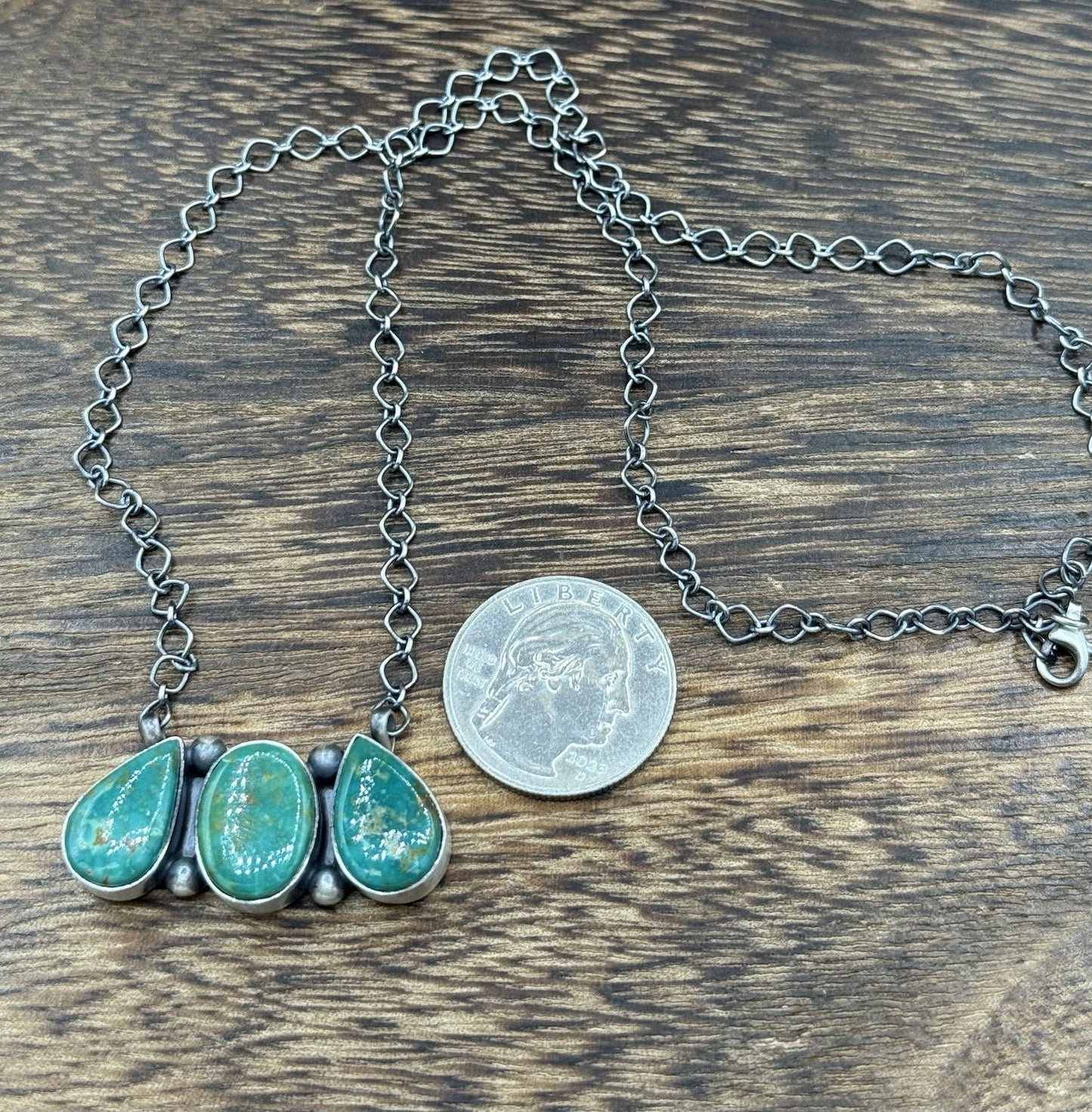 Navajo Handmade Sterling Silver Kingman Turquoise Cluster Bar Necklace 18”