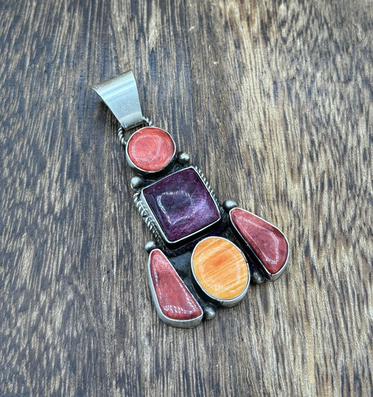 Native Navajo Handmade Sterling Silver Multi Spiny Oyster Shell Cluster Pendant