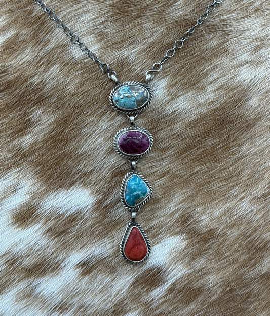 Navajo Handmade Sterling Silver Multi Color Mixed Stone Lariat Necklace 18”