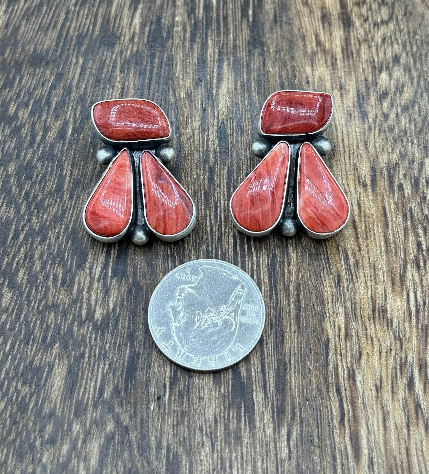 Navajo Handmade Sterling Silver Red Spiny Oyster Shell Post Cluster Earrings