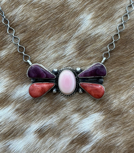 Navajo Handmade Sterling Silver Multi Stone Color Cluster Bar Necklace 18”