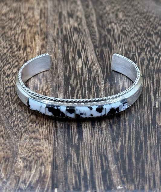 Navajo Handmade Sterling Silver White Buffalo Inlay Cuff Bracelet Francis Yazzie