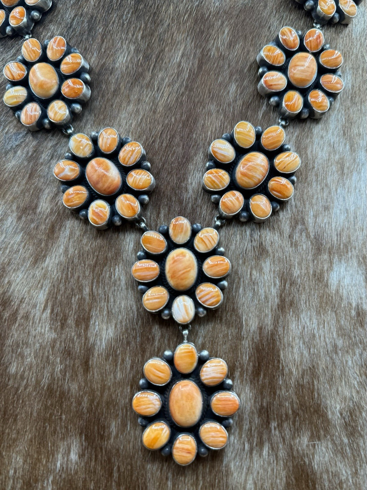 Navajo Handmade Silver Orange Spiny Oyster Cluster Lariat Dangle Necklace 24”