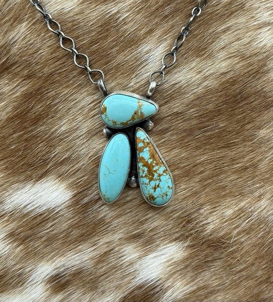 Navajo Handmade Sterling Silver Mixed Turquoise  Cluster Bar Necklace 18”