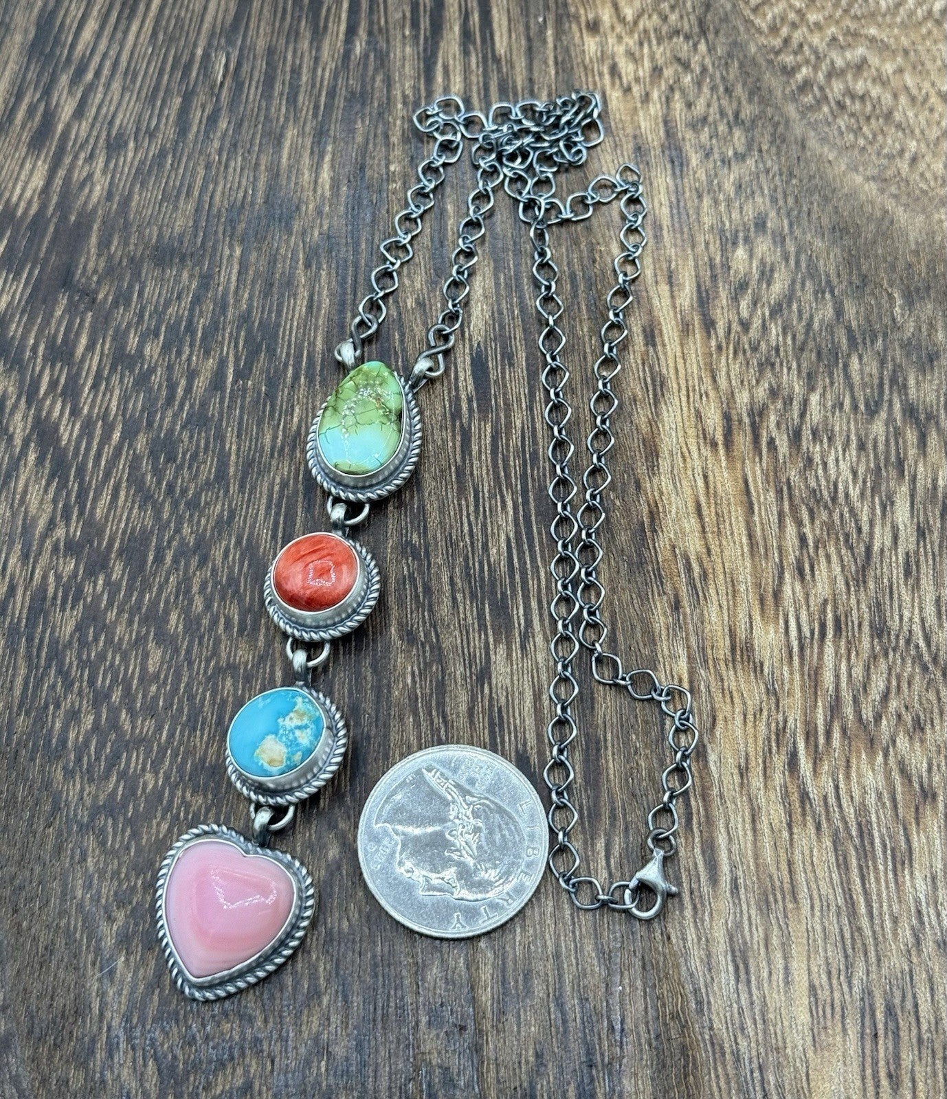 Navajo Handmade Sterling Silver Multi Color Mixed Stone Lariat Necklace 18”