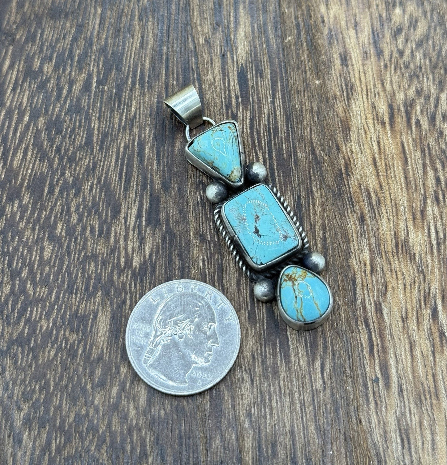 Navajo Handmade Sterling Silver Blue Glacier Turquoise Cluster Drop Pendant