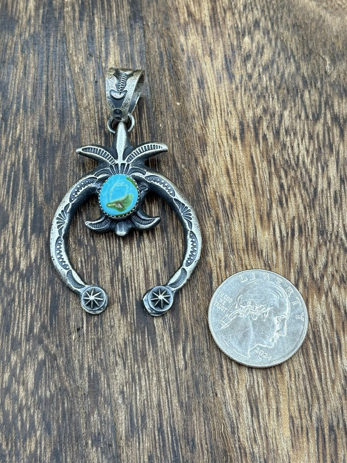 Navajo Handmade Sterling Silver Old Look Sonoran Gold Turquoise Naja Pendant