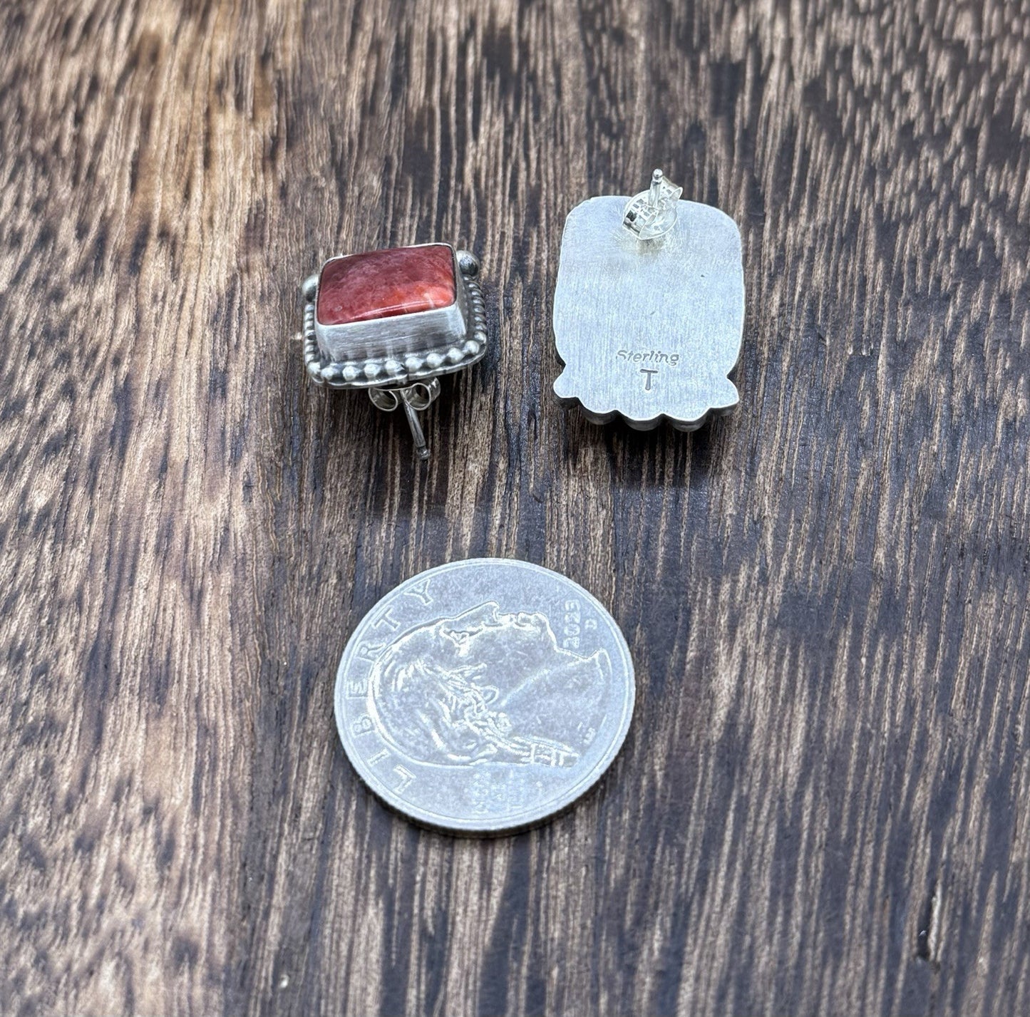 Native Navajo Handmade Sterling Silver Red Spiny Oyster Shell Post Stud Earrings