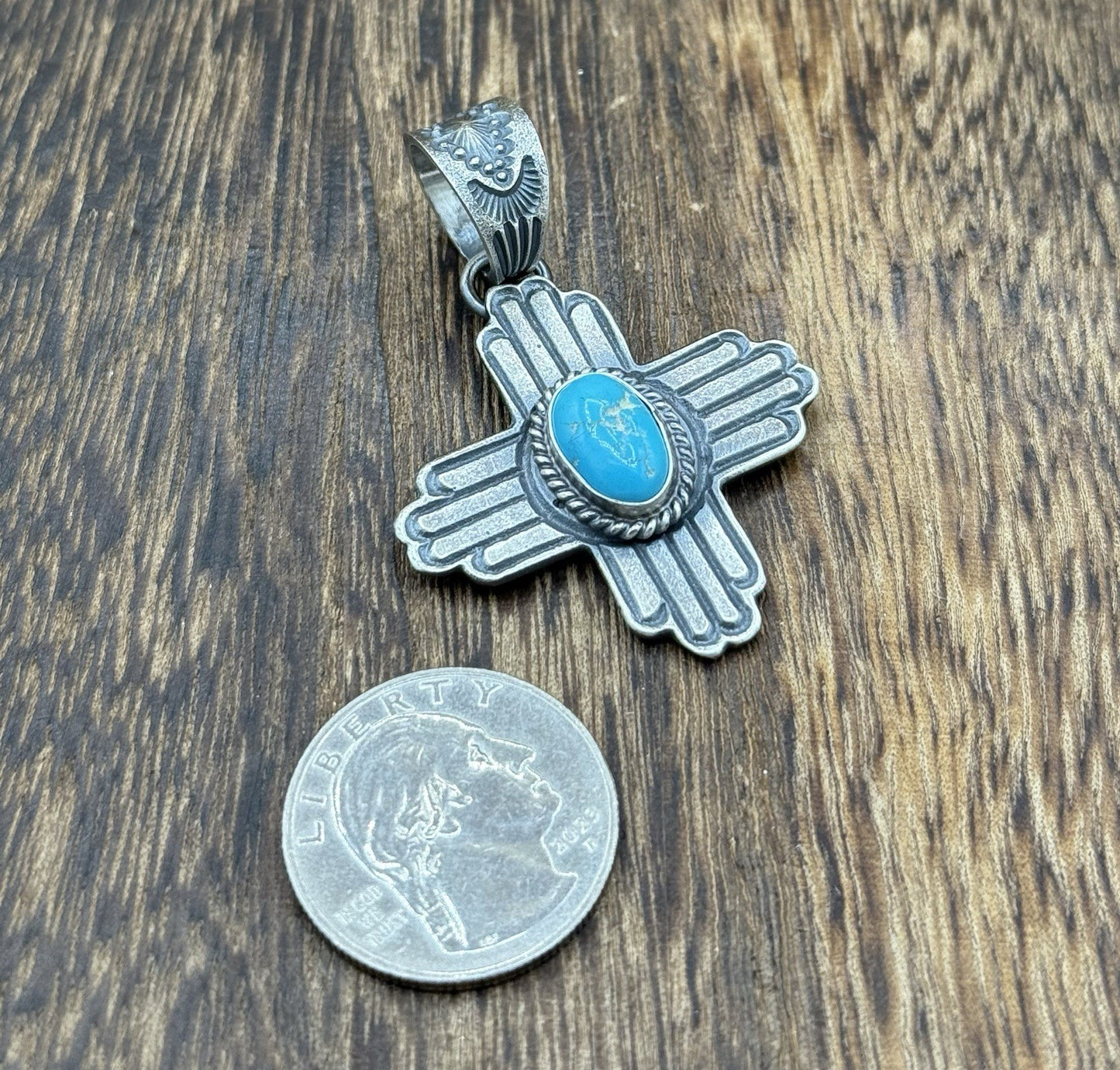 Navajo Handmade Sterling Silver Old Look Kingman Turquoise Zia Pendant Kevin B.