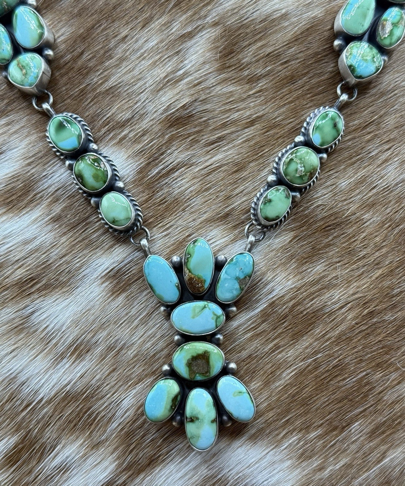 Navajo Handmade Sterling Silver Sonoran Gold Turquoise Cluster Necklace Set 20”