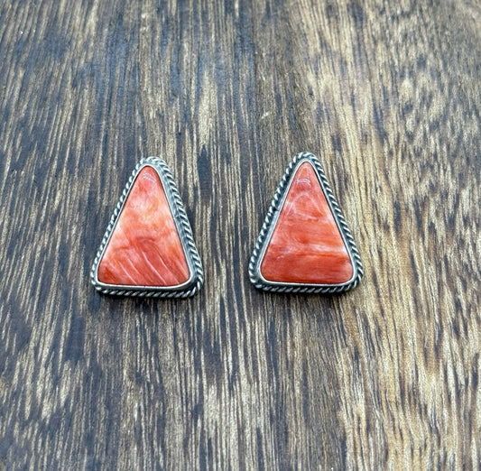 Native Navajo Handmade Sterling Silver Red Spiny Oyster Shell Post Stud Earrings