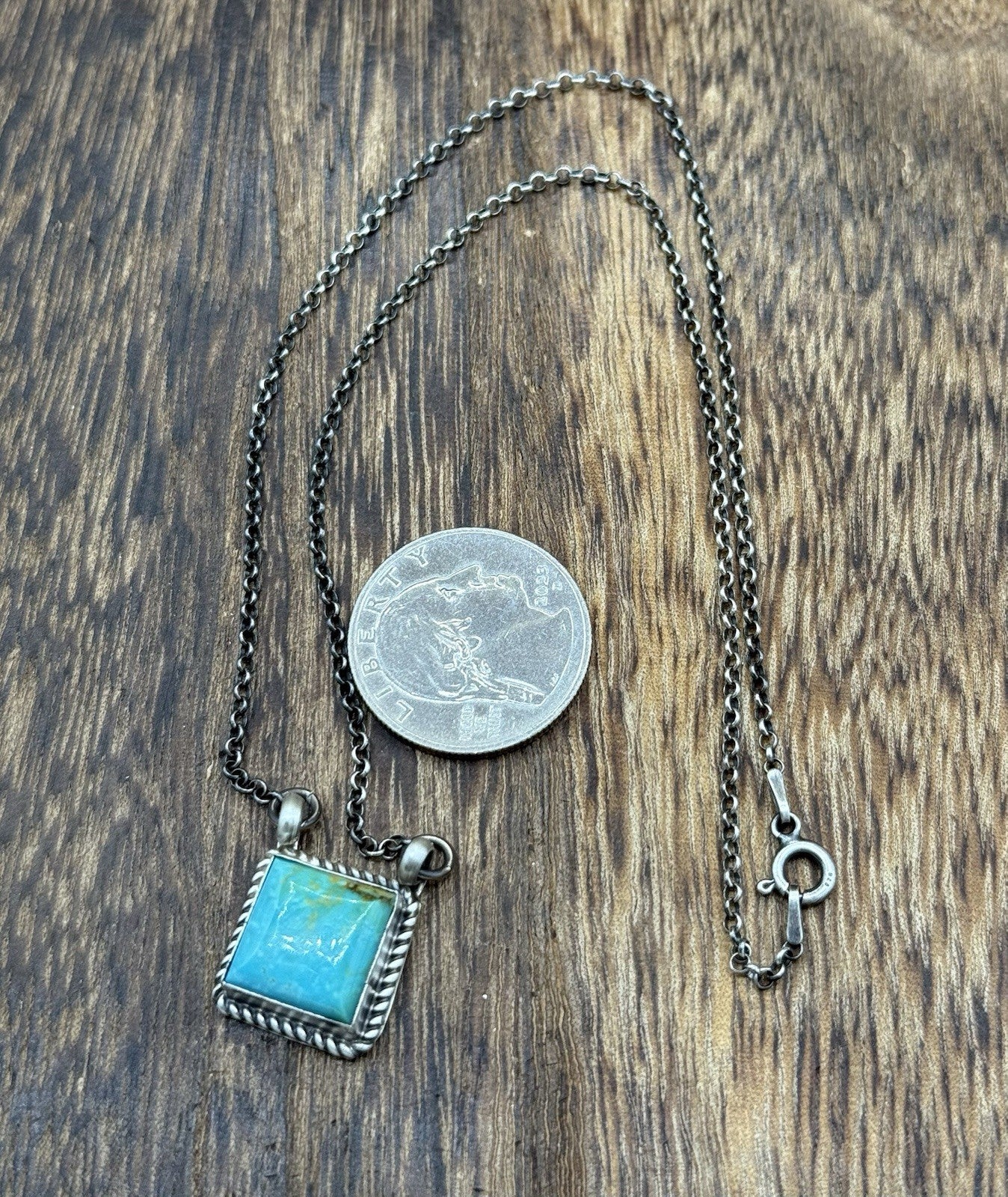 Native Navajo Handmade Silver Kingman Turquoise Cluster Bar Necklace 16”