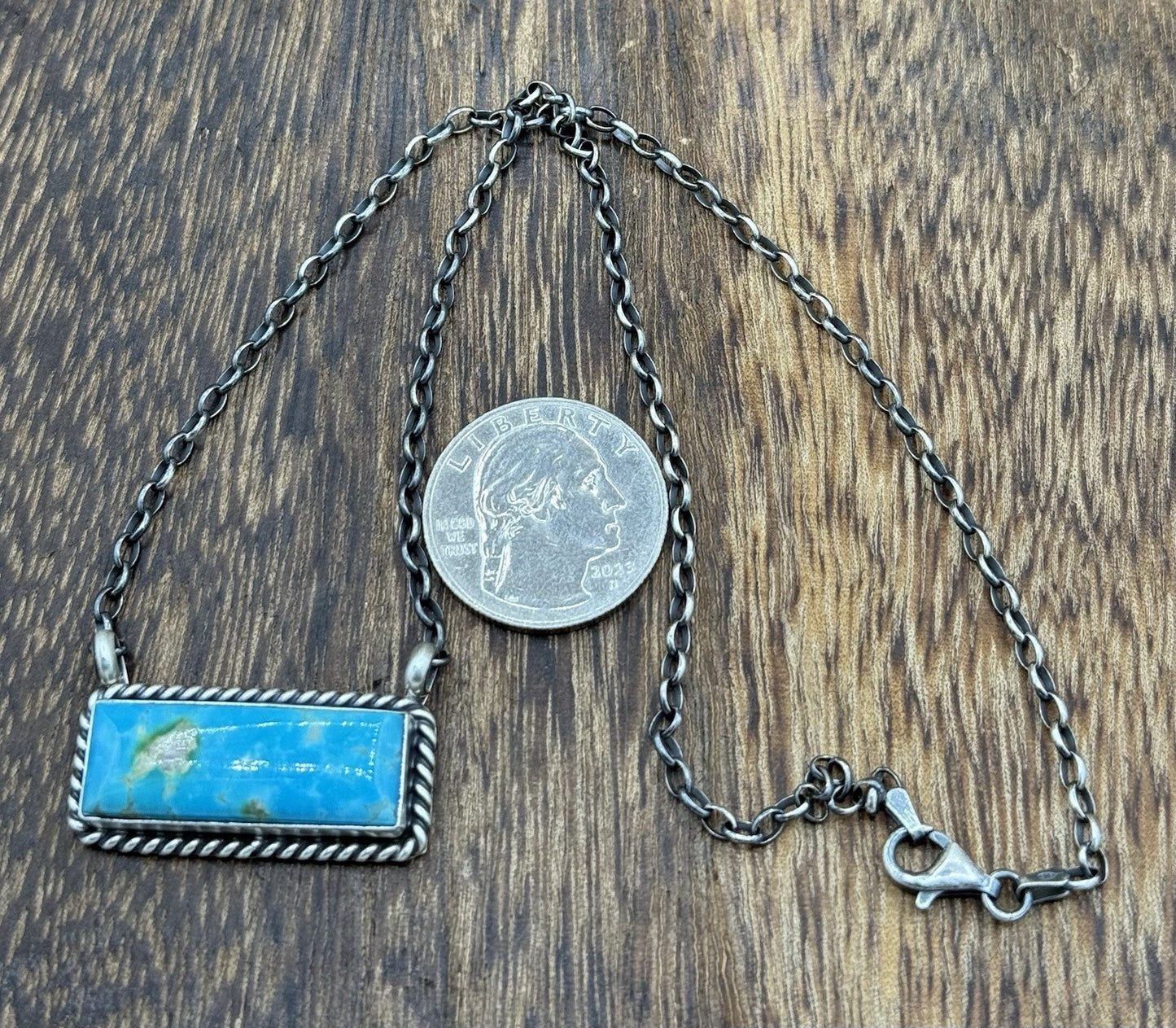 Navajo Handmade Sterling Silver Kingman Turquoise Bar Necklace 16” Augustine L.