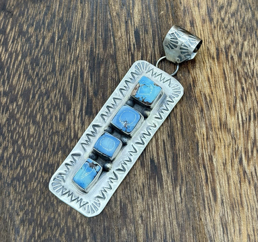 Navajo Handmade Sterling Silver Golden Hills Turquoise Stamped Drop Pendant