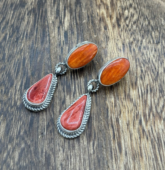 Navajo Handmade Sterling Silver Mixed Spiny Oyster Shell Post Dangle Earrings