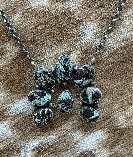 Navajo Handmade Sterling Silver Blackjack Turquoise Cluster Naja Necklace 18”