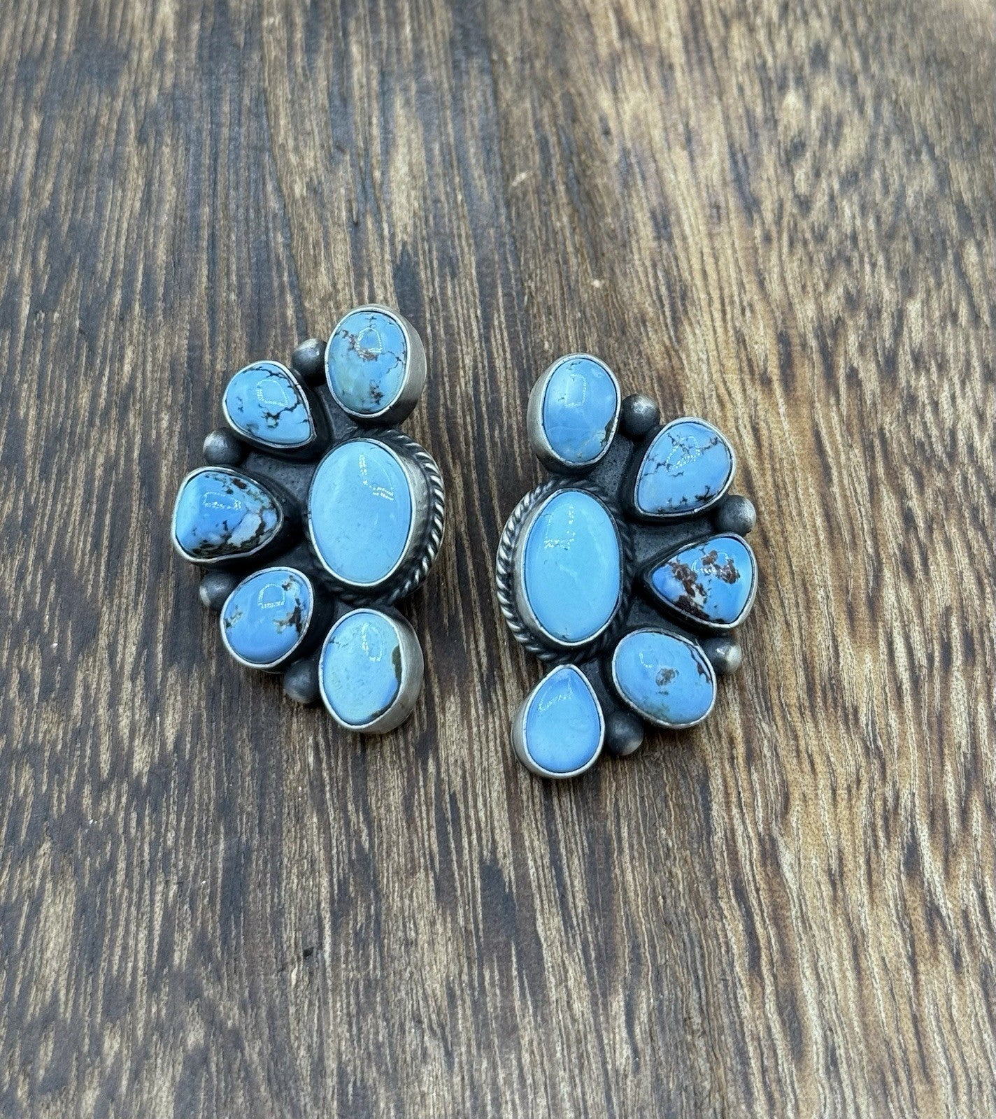 Navajo Handmade Sterling Silver Golden Hills Turquoise Post Cluster Earrings