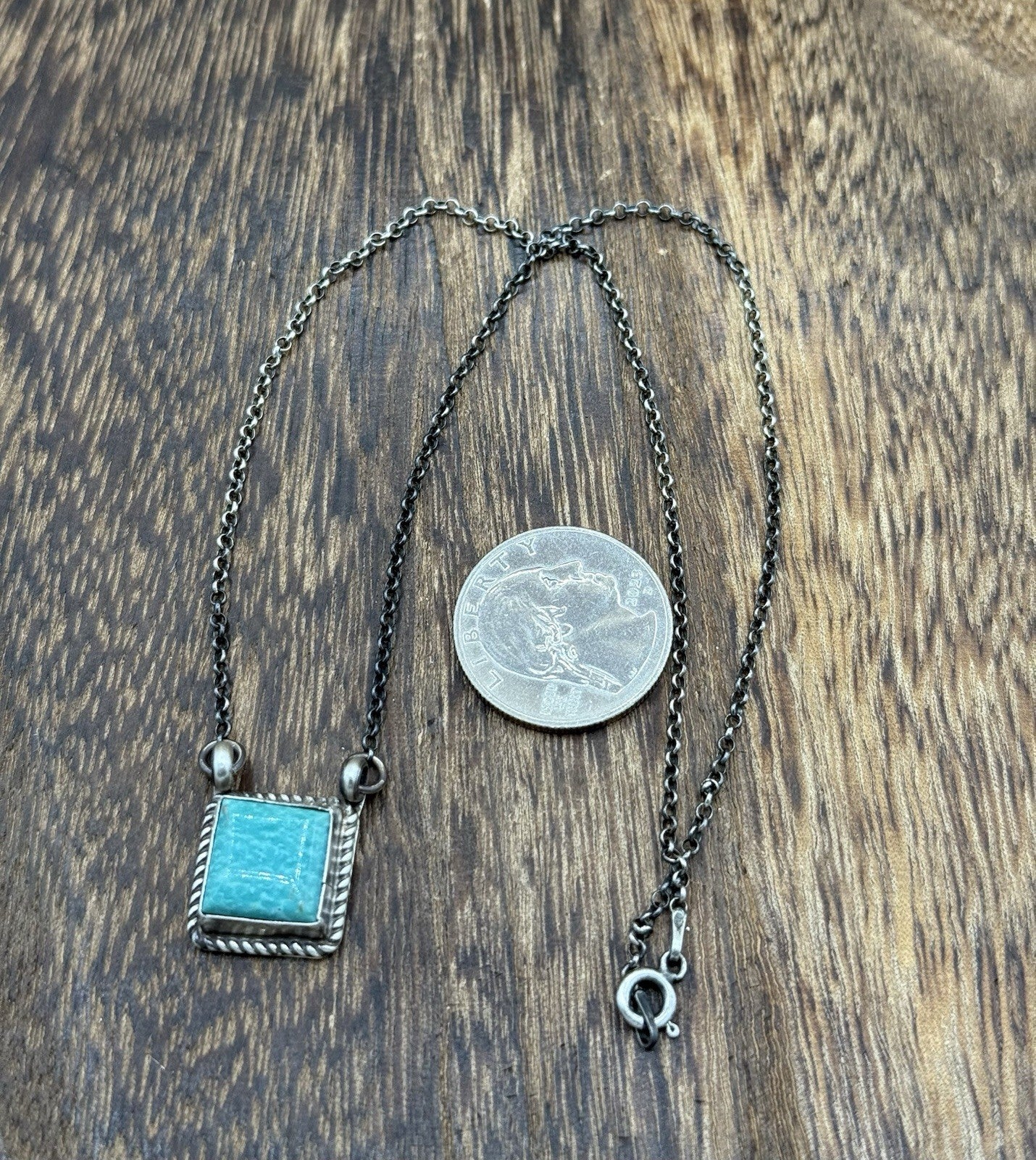 Native Navajo Handmade Silver Kingman Turquoise Cluster Bar Necklace 16”