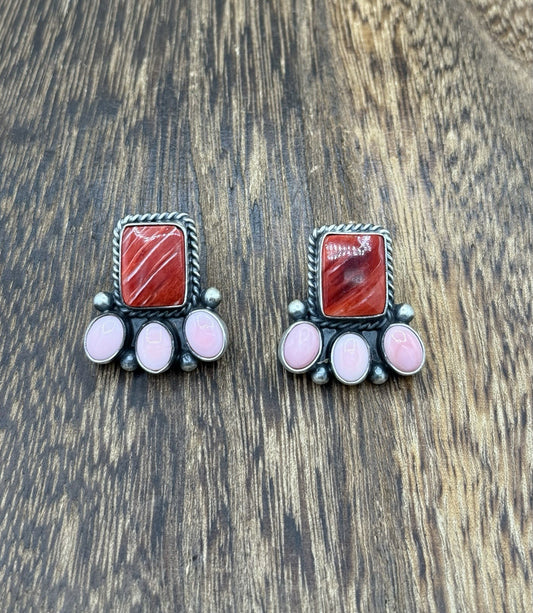 Navajo Handmade Sterling Silver Multi Color Spiny Pink Shell Cluster Earrings