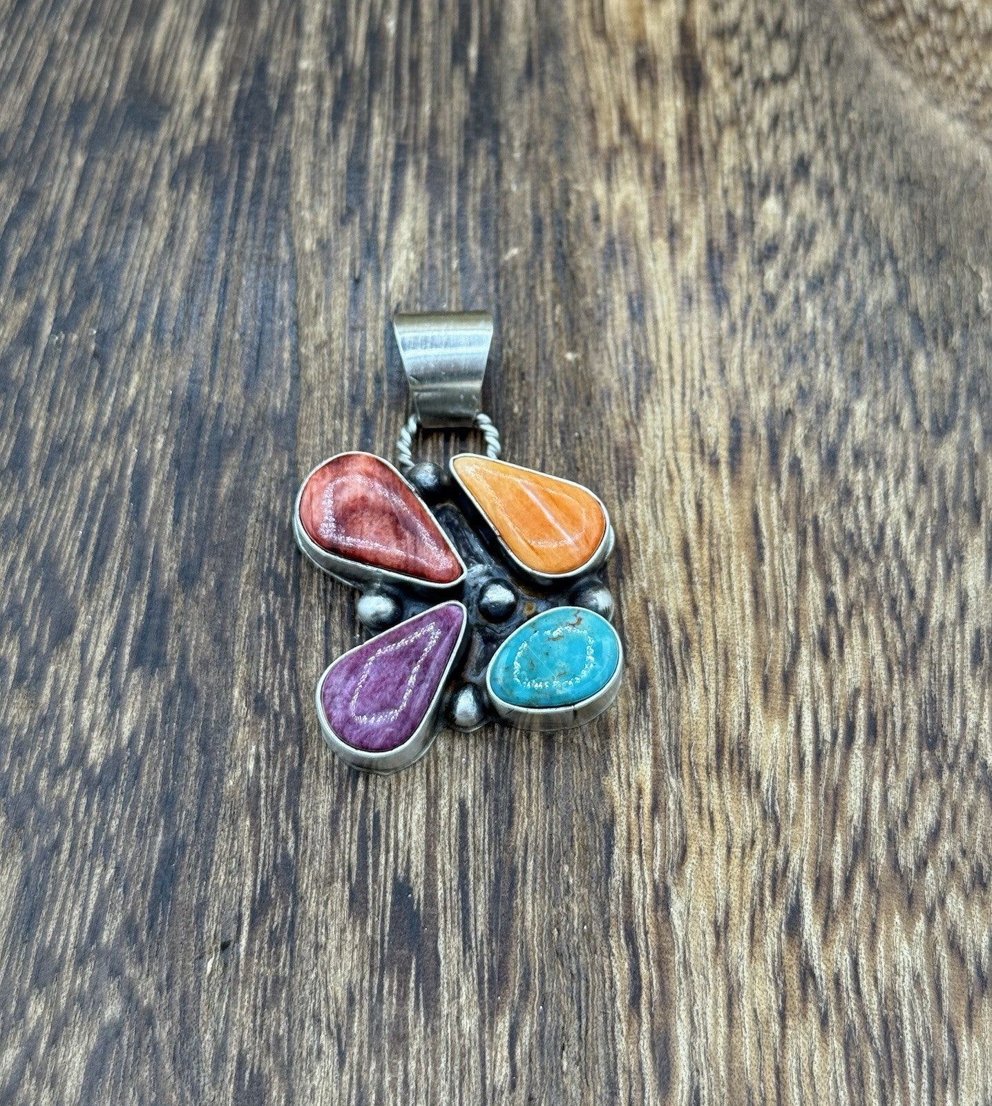 Navajo Handmade Sterling Silver Multi Color Turquoise Spiny Cluster Pendant